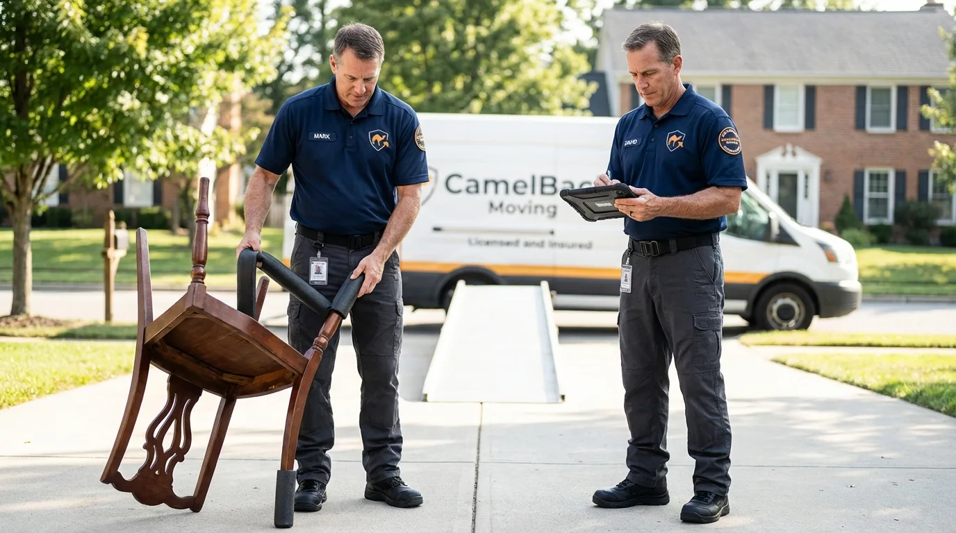 Movers inspecting furniture for damage prevention before loading in Adairsville, GA