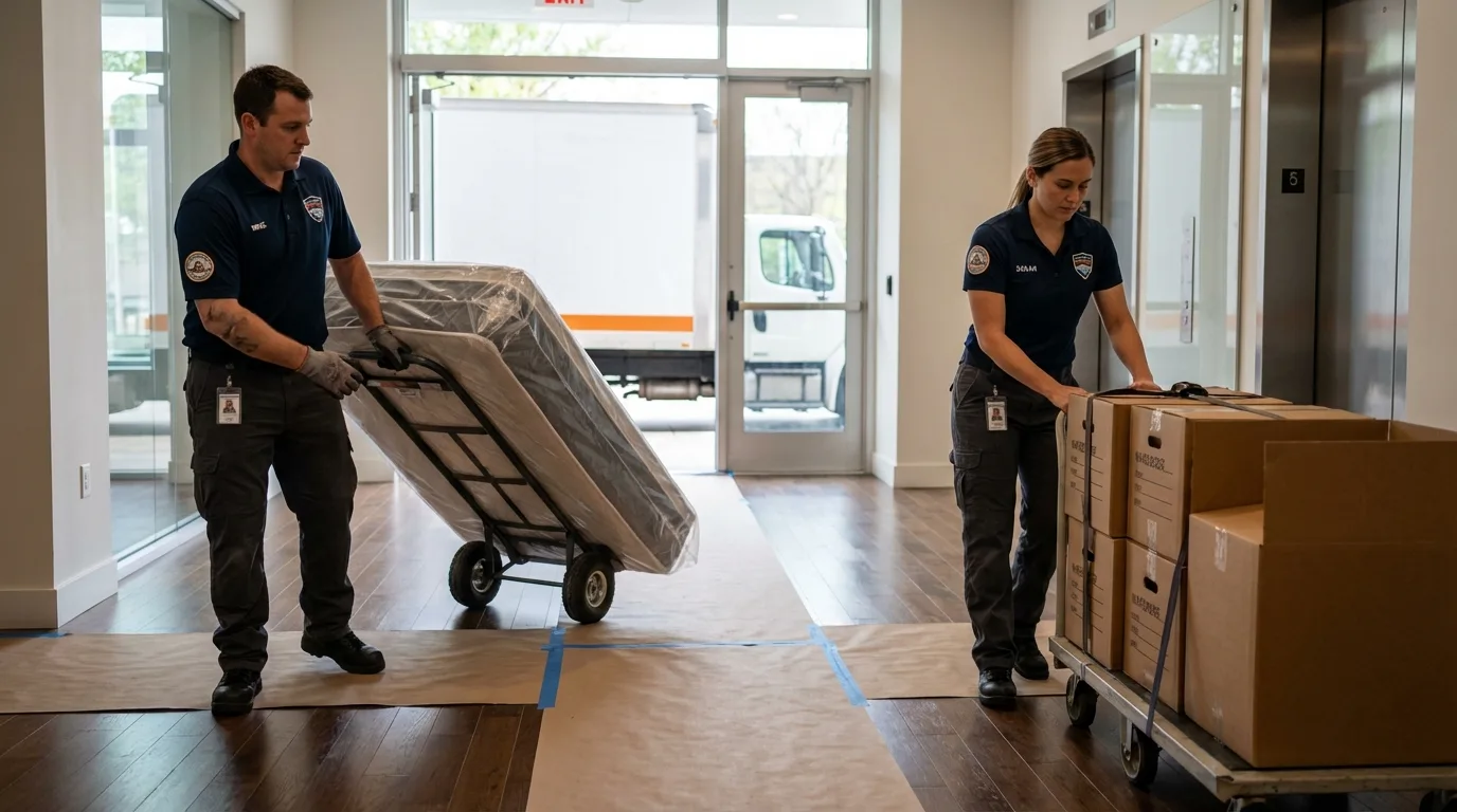 Professional apartment movers loading elevator in Adairsville, GA